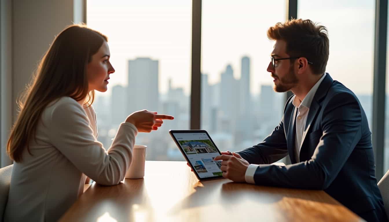 Intérieur d’un bureau d’agence immobilière avec agent en pleine discussion avec un client