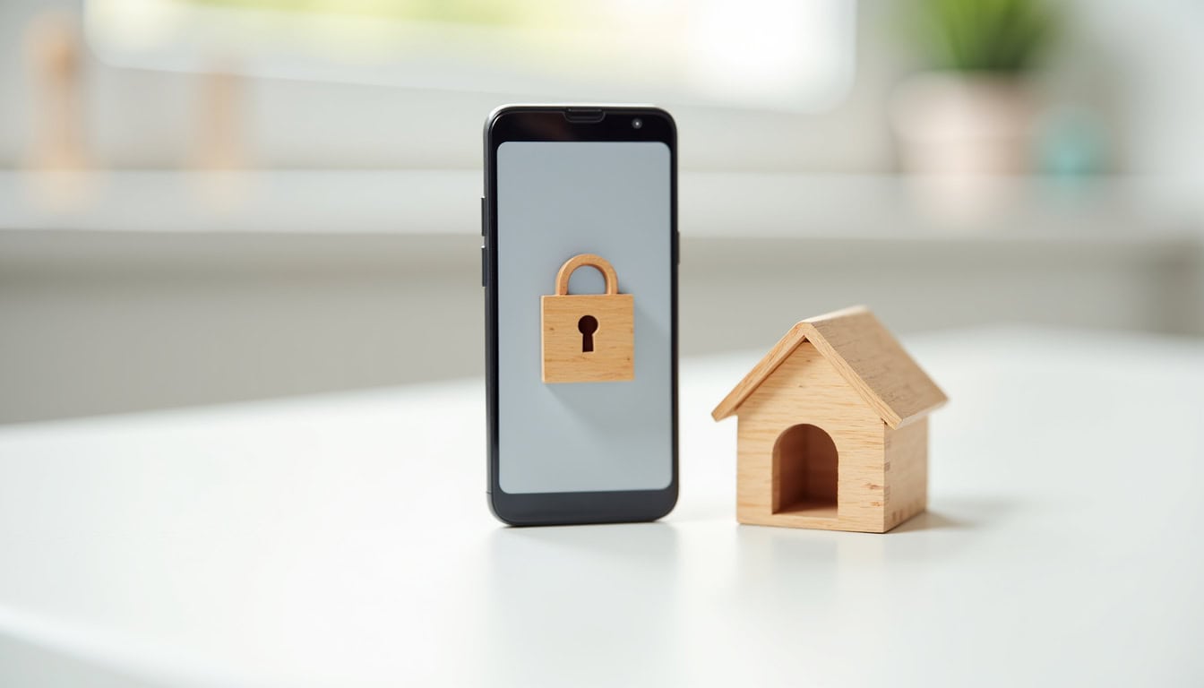 Vérification de sécurité mobile avec cadenas et maison en bois.