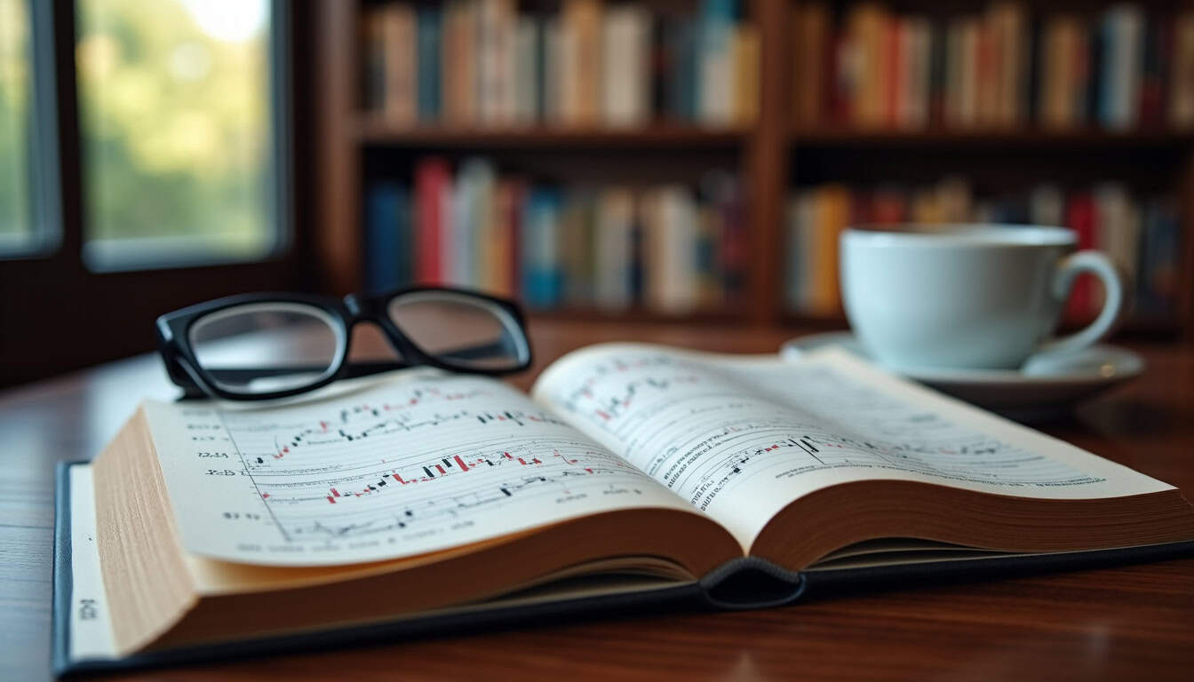 Livres de trading avancés ouverts montrant des graphiques et des analyses techniques détaillés