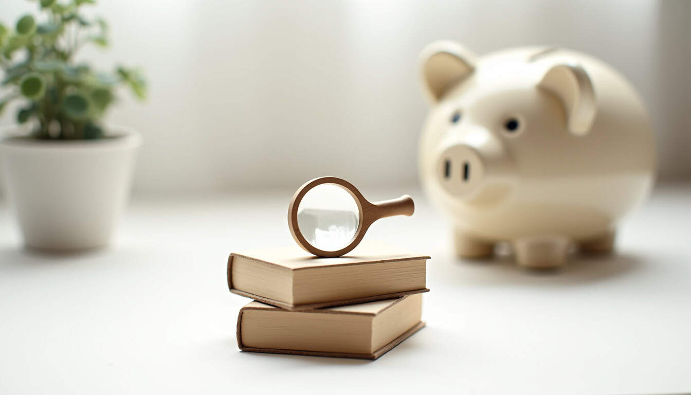 Tirelire en forme de cochon avec livres et loupe, symbolisant l'épargne et la gestion financière.
