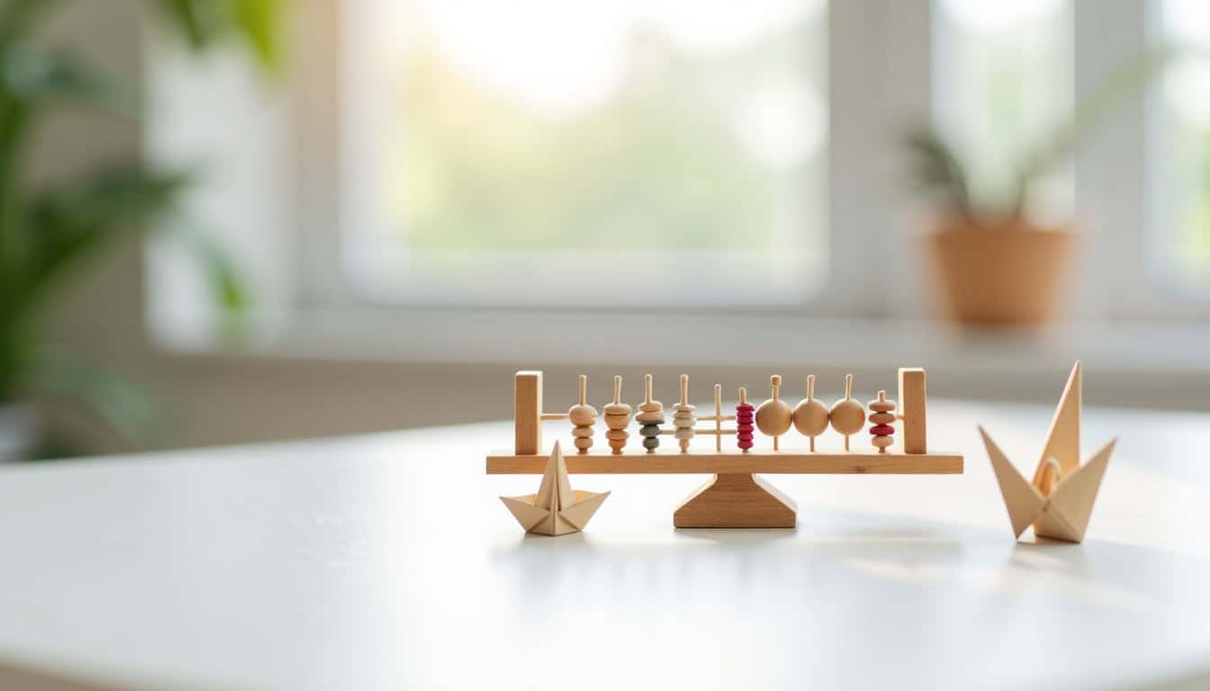 Balancier en bois avec bateaux en origami, décoration minimaliste pour intérieur moderne.