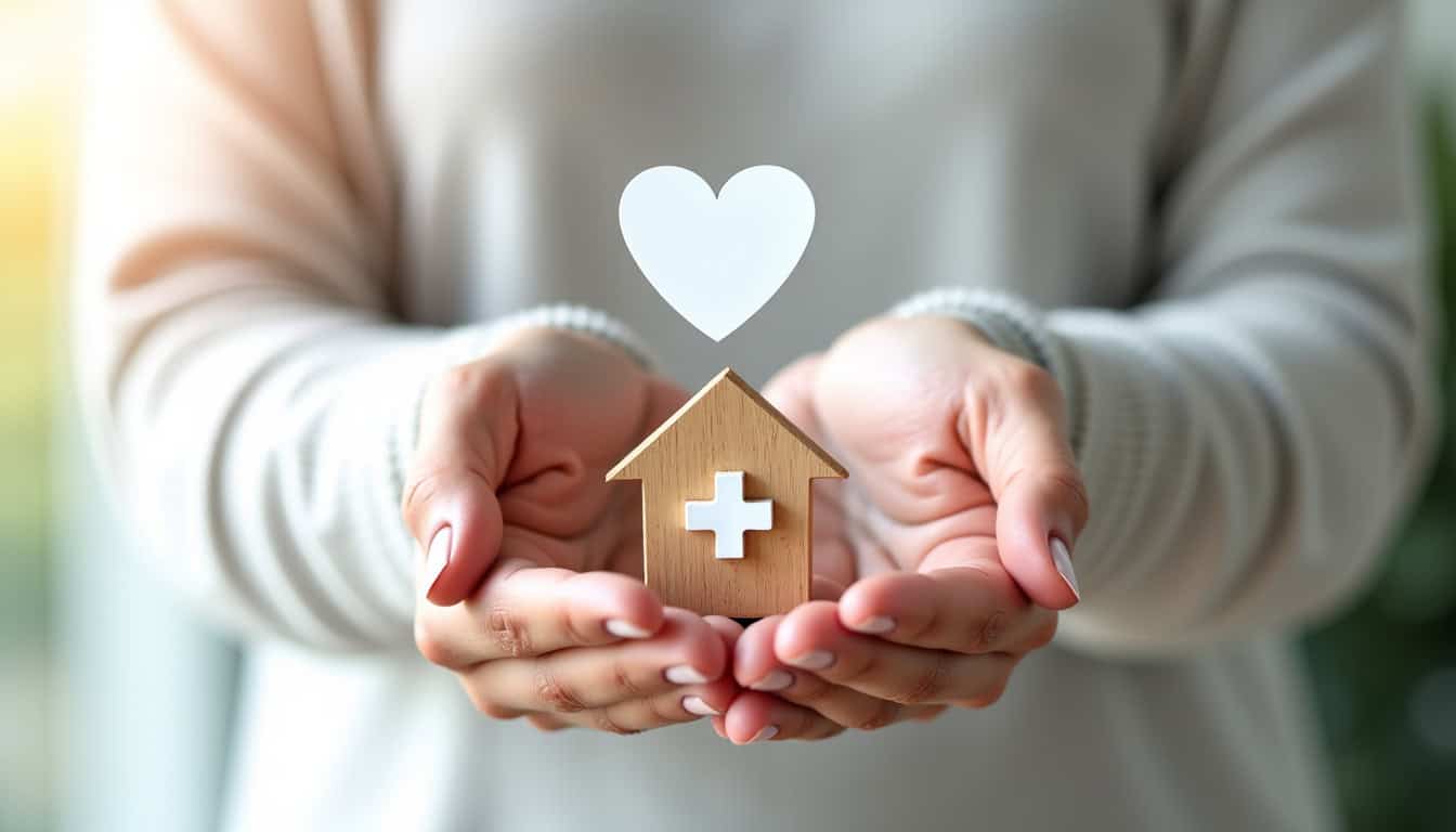 Panneau de maison avec symbole de santé et cœur, représentant la sécurité et le soin à domicile.