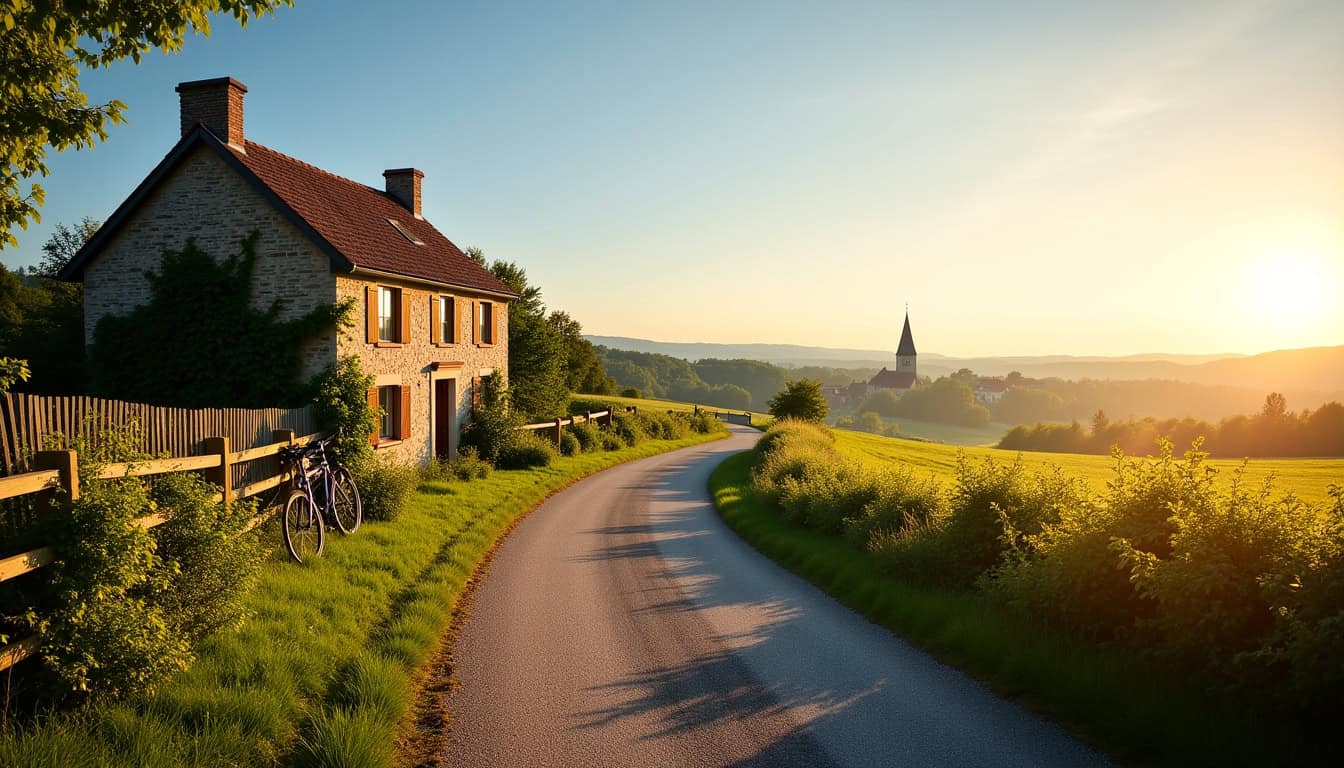 Maison rurale au coucher du soleil avec route de campagne et paysage verdoyant.