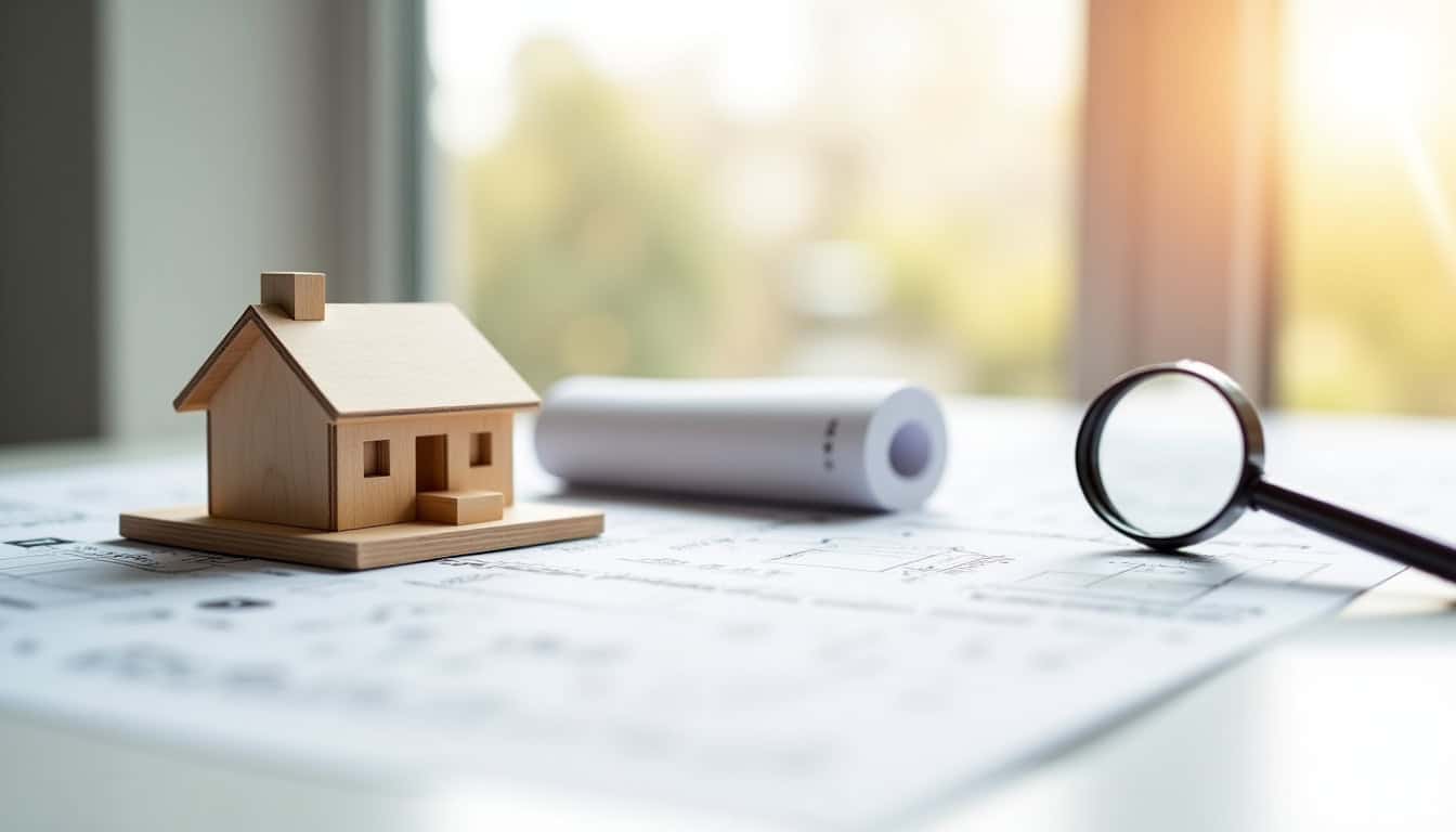 Maison miniature en bois avec plans et loupe, illustrant les services d'épaviste professionnel.