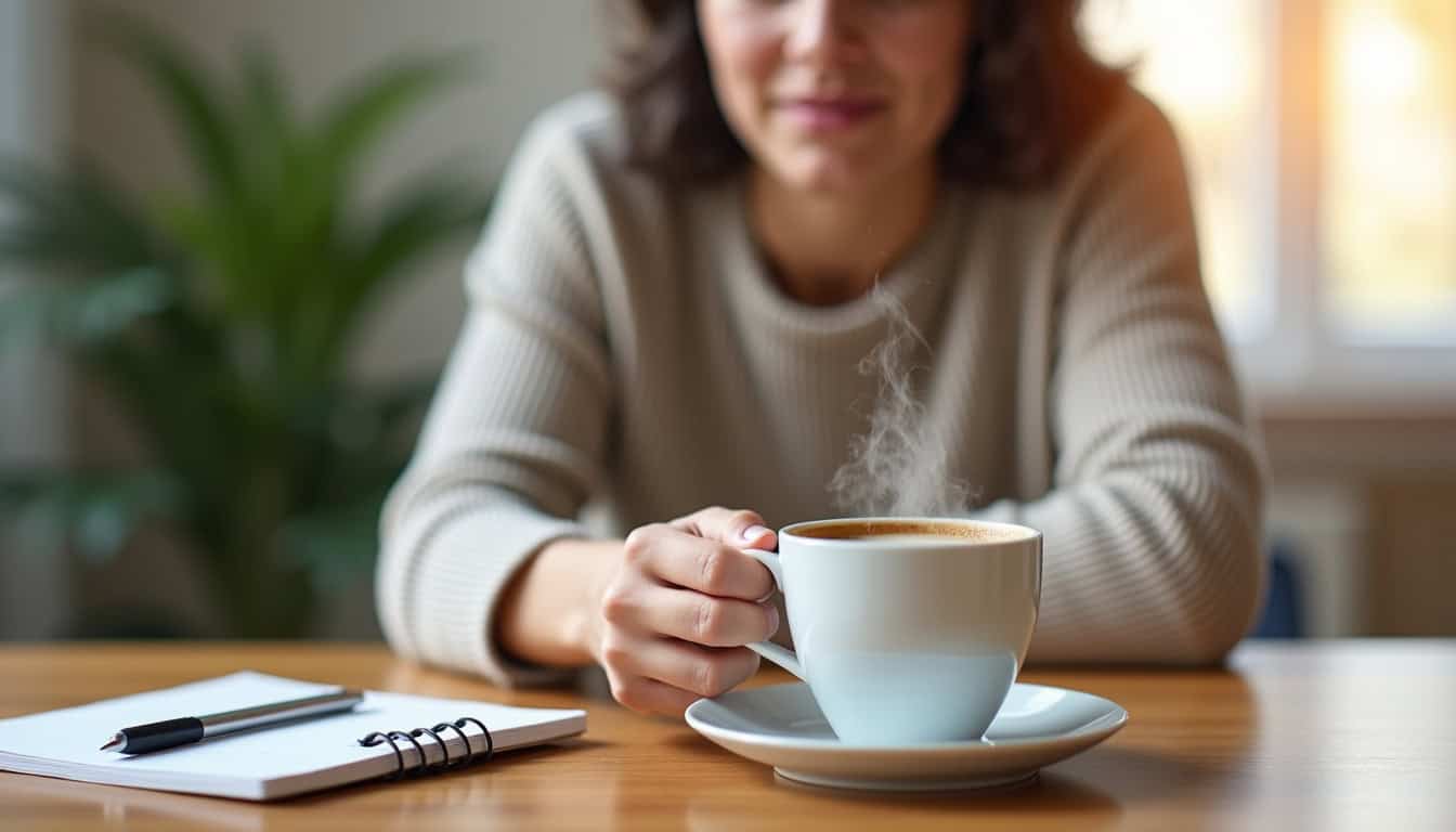 Coffeine chaude dans une tasse, ambiance chaleureuse et relaxante.