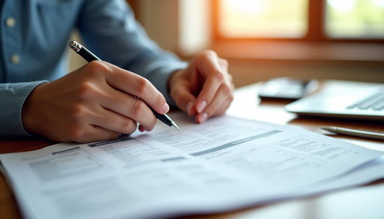 Personne examinant des documents d’assurance sur une table, avec stylo et calculatrice