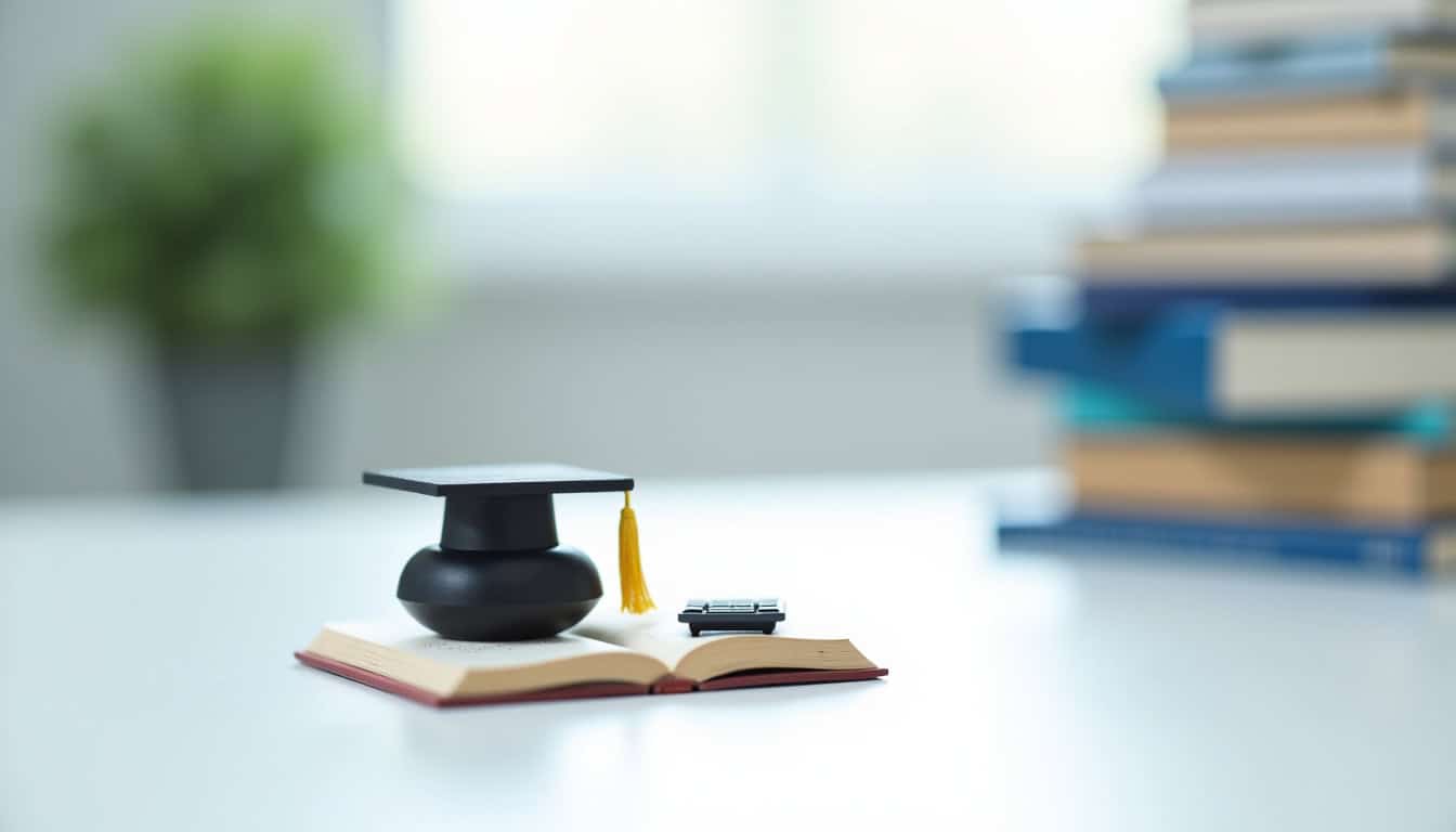 Étudiant avec chapeau de graduation posé sur un livre ouvert, symbolisant l'éducation et la réussite.