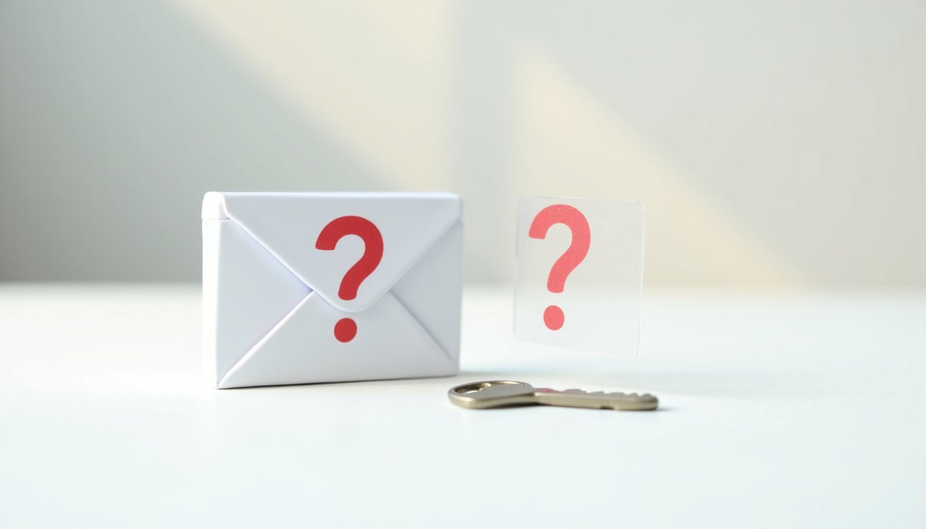 Enveloppe avec point d'interrogation, clé à côté, symbolisant la sécurité et la confidentialité.