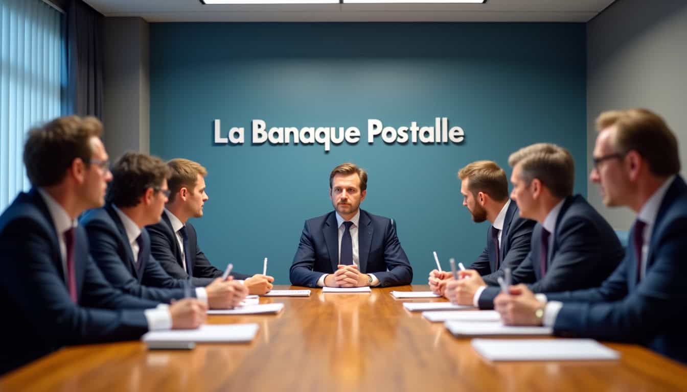 Réunion d'affaires avec un groupe de professionnels en salle de conférence.