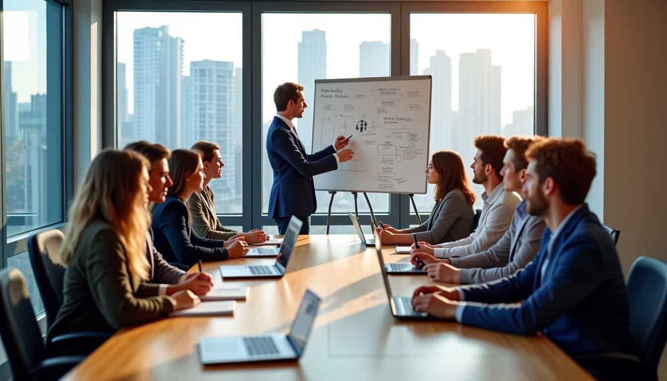 Présentateur en réunion d'affaires avec tableau blanc et participants en entreprise.