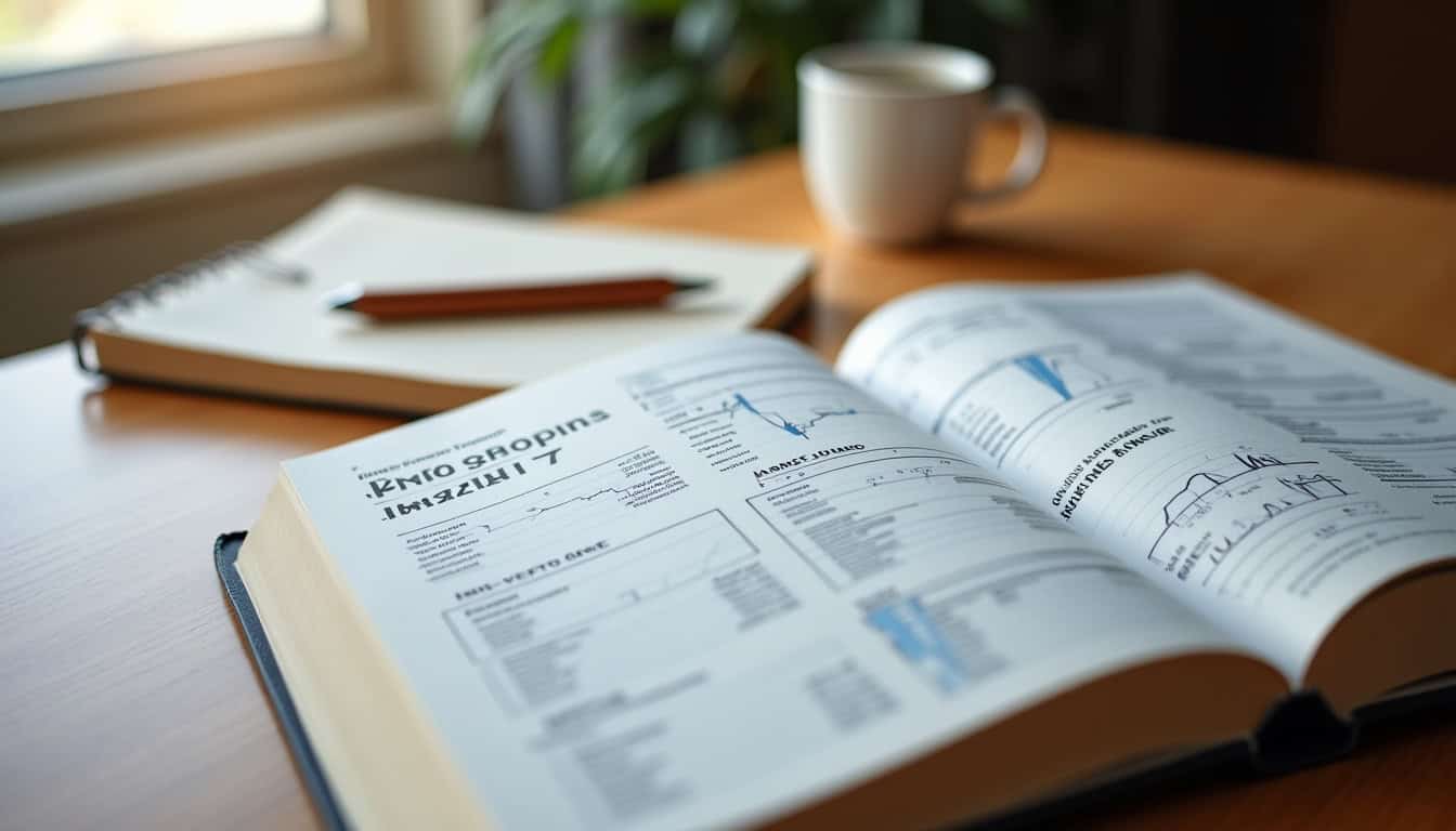 Tableau avec livres de bourse pour débutants ouverts et stylo en bois