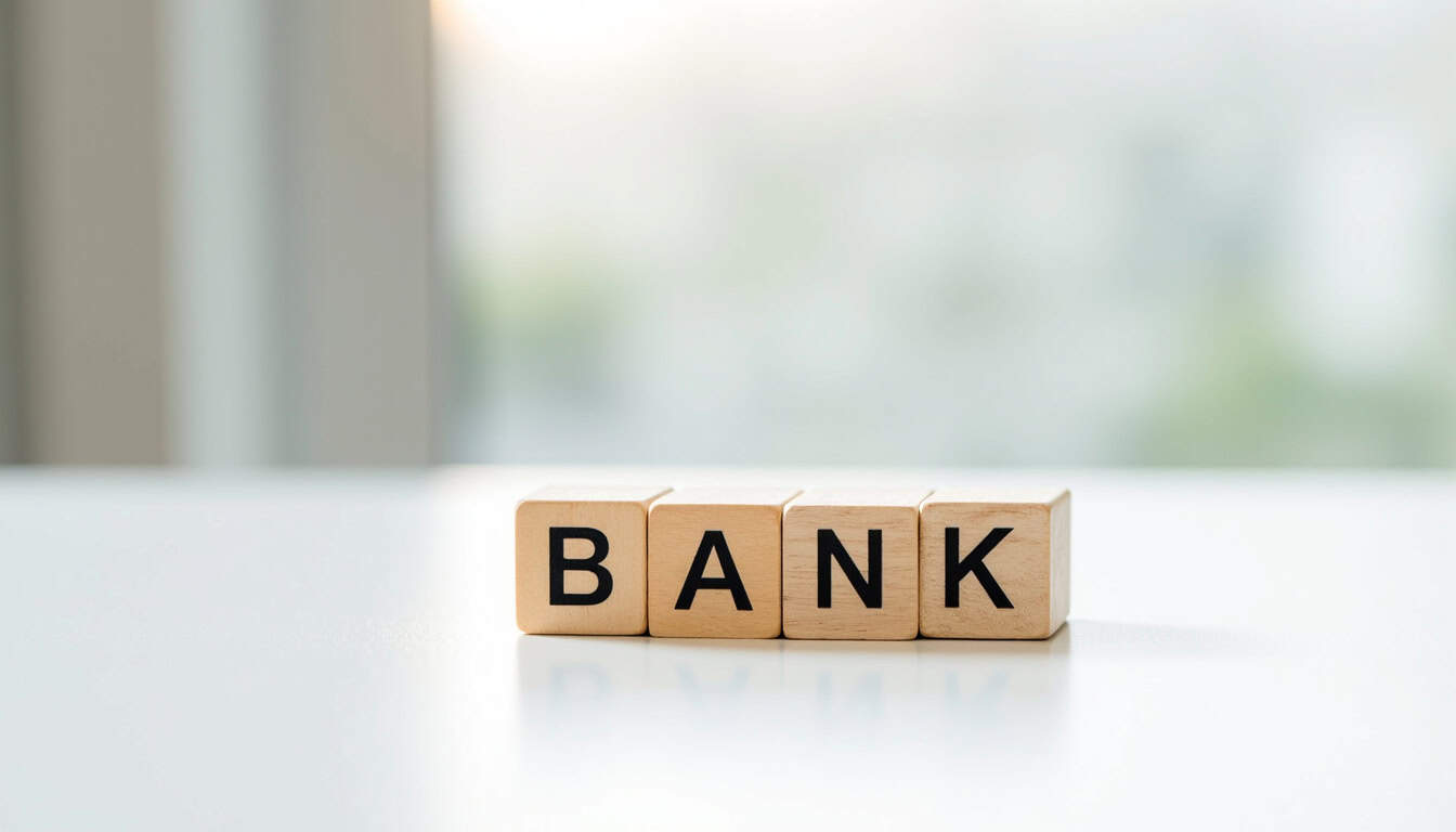 Bloc de bois formant le mot "BANK" sur une surface blanche.