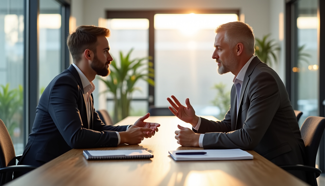 Un banquier en train d’expliquer un produit financier à un client lors d’un rendez-vous en agence