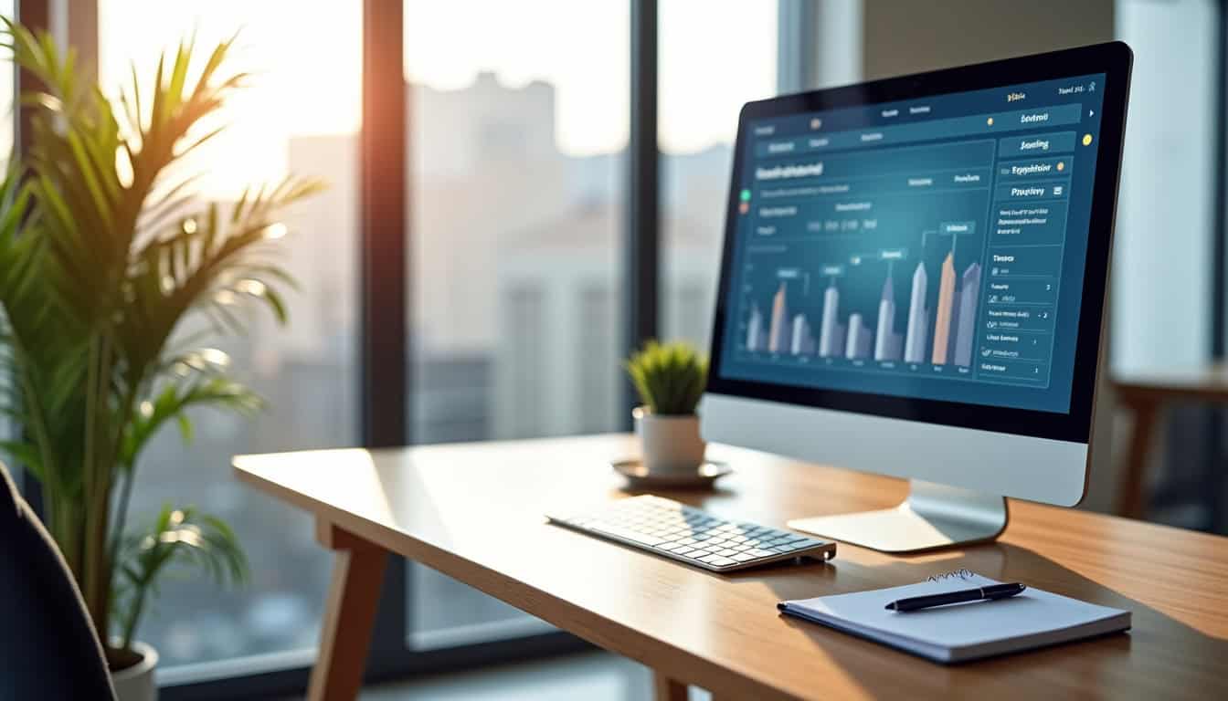 Écran d'ordinateur affichant un tableau de bord avec graphiques financiers modernes.