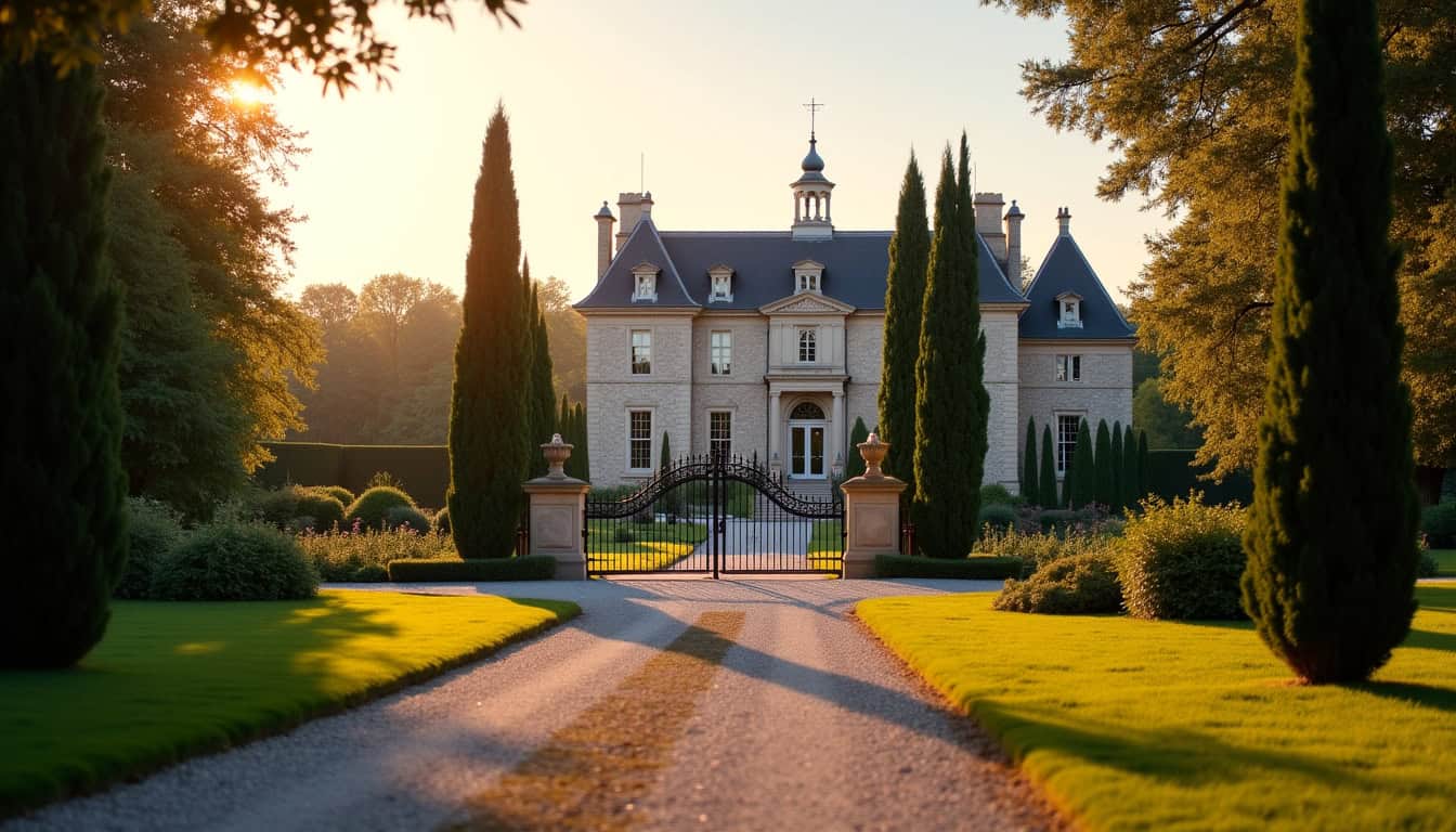 Château avec jardin et allée, vue en fin d'après-midi, architecture classique.