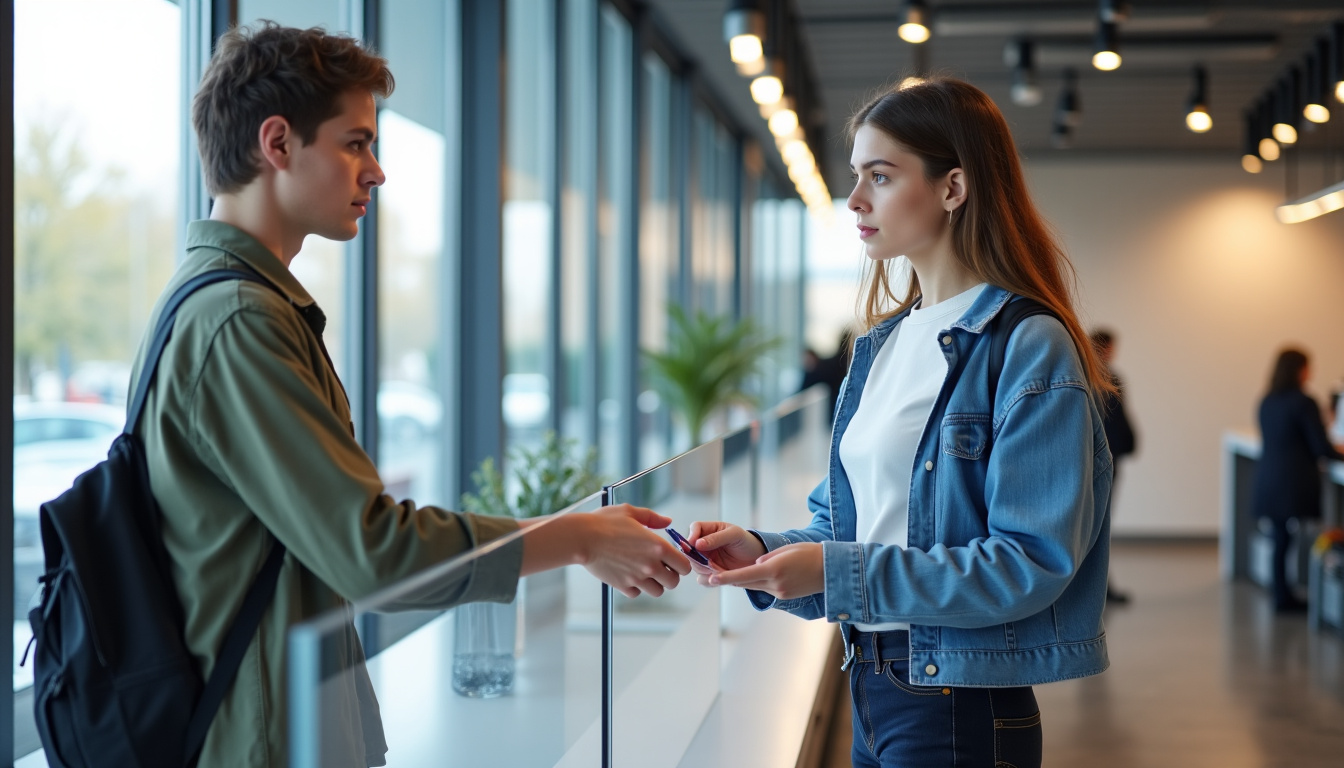 Jeune adulte tenant sa carte Vitale devant un guichet CPAM en région parisienne