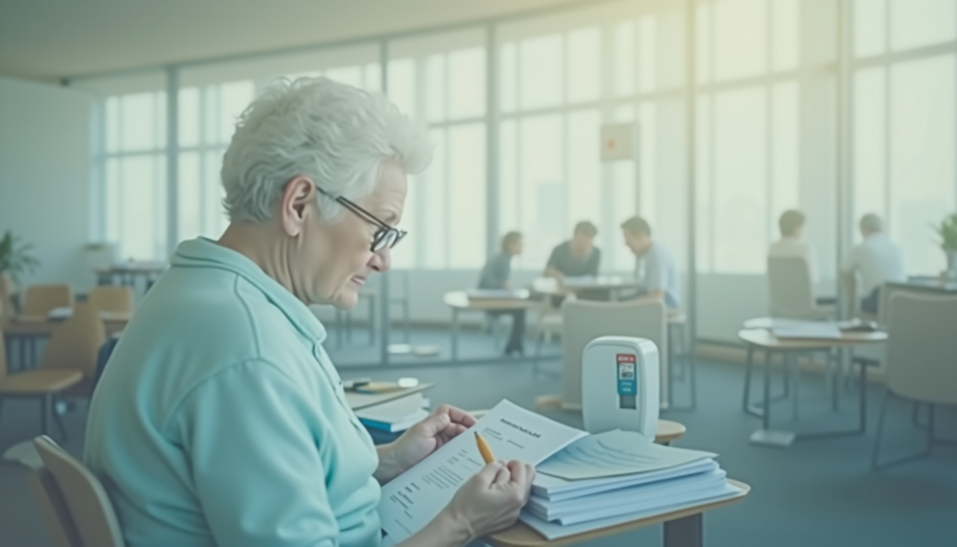 Personne âgée remplissant un formulaire en attente dans une agence CPAM